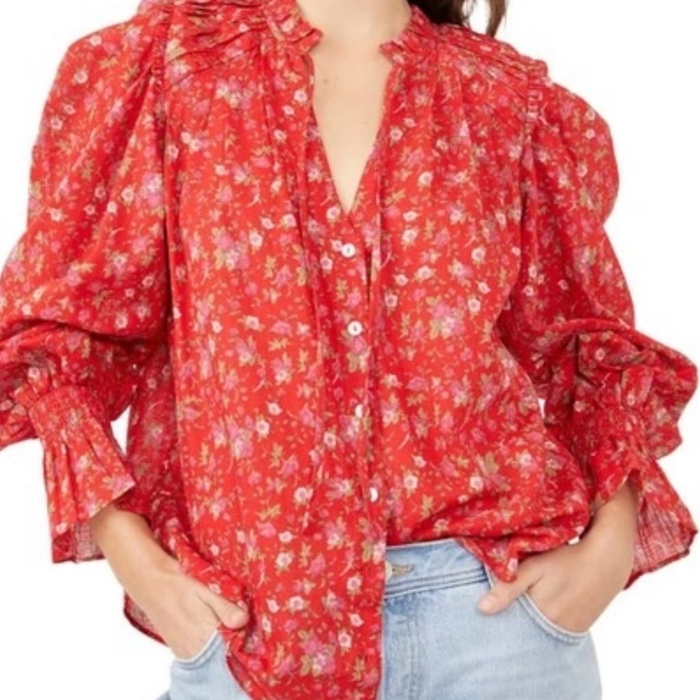 Free People Red Floral Ruffled Button-Front Blouse